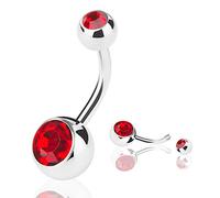 Taffstyle Piercing de nombril - Piercing banane pour nombril - Double boule avec deux cristaux brillants - 1,6 mm x 11 mm x 5 mm - Argenté/rouge
