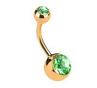 Taffstyle Piercing de nombril - Piercing banane pour nombril - Double boule avec deux cristaux brillants - Court or vert - 1,6 mm x 10 mm x 5 mm x 8 mm