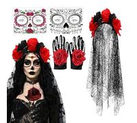 Tag der Kostüm | Elegantes Schleier-Kopfschmuck-Set | Mexikanisches Festival-Accessoire für Frauen und Erwachsene | Gothic-Rosenschädel-Design | Perfekt für Halloween, Cosplay, Parade, Maskerade