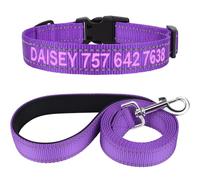 TagME Personnalisé Collier et Laisse pour Chien, Colliers en Nylon Brodé & 1,5M Double-Face Réfléchissant Laisse pour Chiot, Petit, Moyen, Grand Chiens (S:2.0x25-40cm (Lot de 1), Violet)