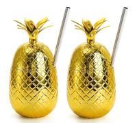 Tagtight Lot de 2 gobelets à ananas - 450 ml - Gobelets d'ananas dorés avec paille étirée - Gobelets de fête hawaïens Luau réutilisables et faciles à utiliser