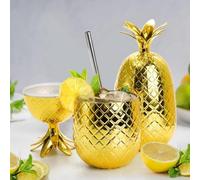 Tagtight Lot de 2 gobelets à ananas - 450 ml - Gobelets d'ananas dorés avec paille étirée - Gobelets de fête hawaïens Luau réutilisables et faciles à utiliser