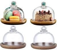 Tagtight Lot de 4 Mini Cloche a Gateau, Presentoir Gateau avec Couvercle, Support Gateau Rond, Cloche en Verre avec Socle, Porte Gateau en Bois pour Fruit, Desserts, Envoyer Salade Cuillère