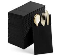 Tagtight Lot de 50 serviettes de table jetables avec sac à couverts intégré, serviettes en papier, Pré-pliées pour couverts pour Cocktail, fête, Mariage, fête de Mariage, noir, 40 x 40 cm