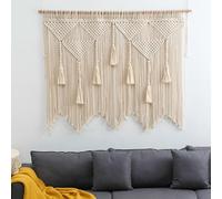 Tagtight Rideau en macramé pour fenêtre - Tapisserie murale tissée - Style bohème - Beige - Tapisserie murale chic avec pompon - Pour salon, chambre à coucher, mariage - Art mural - 120 x 100 cm