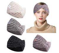 TAGVO Bandeaux En Velours Côtelé Tricotés Épais De 4 Pièces Avec Des Boutons Bandeau Tressé Torsadé Au Crochet Élastique Durable Turban Chenille Cache-Oreilles Accessoires De Cheveux Faits à La Main