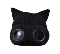 TAGVO Bonnet d'hiver Tricoté avec Lunettes, Oreilles de Chat, Doublure Épaisse en Polaire, Coupe-Vent pour Sports Extérieurs, Ski, Randonnée, Cyclisme, Noir, Unisex, Adulte, Médium