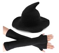 TAGVO Chapeau de Sorcière Tricot Femme, Chapeau Feutre Noir Pliable pour Femme, Gants sans DoigtsTricotés Allonger, Chapeau de Sorcière pour Halloween, cosplay, bal masqué, accessoire de costume