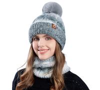 TAGVO Femme Bonnet et Écharpe Hiver Ensemble, Tricotés Écharpe Bonnet à Pompon Ensemble, Chauds Tour de Cou Doublure Polaire pour Sports Plein Air Hiver