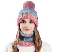 TAGVO Femme Bonnet et Écharpe Hiver Ensemble, Tricotés Écharpe Bonnet à Pompon Ensemble, Chauds Tour de Cou Doublure Polaire pour Sports Plein Air Hiver