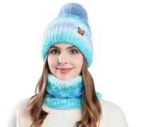 TAGVO Femme Bonnet et Écharpe Hiver Ensemble, Tricotés Écharpe Bonnet à Pompon Ensemble, Chauds Tour de Cou Doublure Polaire pour Sports Plein Air Hiver