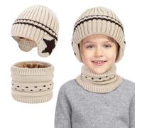 TAGVO Hiver Tricotés Bonnet Écharpe Ensemble Enfants, Chaud Bonnet Écharpe Doublé Polaire Set, Tricoté Tour de Bonnet Cou Chaud avec Doublure pour Enfant Garçons et Filles 2-6 Ans