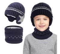TAGVO Hiver Tricotés Bonnet Écharpe Ensemble Enfants, Chaud Bonnet Écharpe Doublé Polaire Set, Tricoté Tour de Bonnet Cou Chaud avec Doublure pour Enfant Garçons et Filles 2-6 Ans