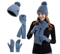 TAGVO Hiver Tricotés Bonnet Écharpe Ensemble Femme 3 en 1 Set, Ensemble Bonnet à Pompon Longue Écharpe Gants Tactiles pour Femme Plein air Ski Randonnée Travail