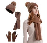TAGVO Hiver Tricotés Bonnet Écharpe Ensemble Femme 3 en 1 Set, Ensemble Bonnet à Pompon Longue Écharpe Gants Tactiles pour Femme Plein air Ski Randonnée Travail