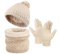 TAGVO Hiver Tricotés Ensemble Bonnet Écharpe Gants D'écran Tactile Femme, Doux Bonnet Cache-Cou Épais et Chaud Gants en tricot avec Doublure en Polaire Cosy 3 Paquet,pour Ski Accessoires d'hiver