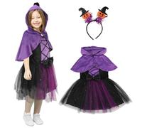 TAGVO Robe Princesse Fille Sorcière Poncho violet Cape à capuche, Robe réservoir en tulle et paillettes Halloween Cape à Capuche Vampire pour les enfants 1-6 ans Carnaval et Les fêtes à thème