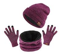 TAGVO Tricotés Ensemble d'hiver Bonnet écharpe Gants d'écran Tactile 3 en 1, Doublure Molleton Doux Bonnet tricoté Chaud Cache-Cou Extensible Gants tactiles à 3 Doigts pour Homme Femme