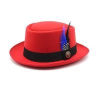 TAHALI RZL Chapeau Melon Chapeau Haut de Forme en Laine d'automne et d'hiver, Chapeau Haut de Forme Rond en Laine, Chapeau de Jazz for Homme avec Plume Noire et Bleue (Couleur : Rouge)