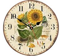 TAHEAT 34 cm Belle Tournesol Horloge Murale, Vintage Floral Silencieux Non tic-tac Horloges, en Bois Rond Facile à Lire Pendules murales pour la Cuisine/Le Salon/Chambre/Salle de Bains