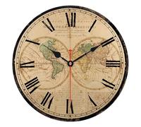 TAHEAT Carte du Monde Horloge Murale, Grande Classique en Bois Horloges, Silencieux Non tic-tac Facile à Lire pour la Maison/Bureau/École, 34 cm