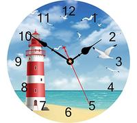 TAHEAT Lighthouse Horloge Murale en Bois à Piles silencieuse sans tic-tac Facile à Lire pour Cuisine/Chambre/Salon 34 cm