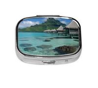 Tahiti Beach Pilulier carré imprimé avec 2 compartiments, mini pilulier portable pour médicaments, vitamines, huile de poisson, compléments