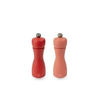 PEUGEOT - Duo Tahiti Feu Moulin à Poivre + Moulin à Sel 15cm - Poivre Noir et Sel Gemme Inclus - Réglage Classique - En Bois Labellisé PEFC - Fabrication Française - Coloris Rouge Brique et Flamme