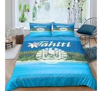 Tahiti island Parure de Lit Microfibre Hypoallergique 3 pièces Imprimé en 3D Confortable Tropical plage scène Housse de Couette avec 2 Taies d'oreiller Super Douce for Enfant King（220x240cm）