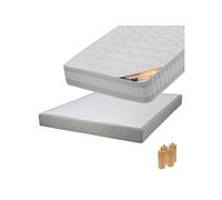 TAHITI - Pack Matelas 140x190 + Sommier Tapissier Démontable 2x20 Lattes Lin + Pieds Bois 15cm - Altobuy