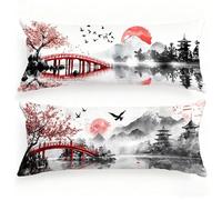 Taie de Traversin 120 cm Japon Taie Oreiller 40x120 Lot de 2 Lin Housse Coussin Pont Rouge Double Face Impression Sommeil Housse Traversin avec Fermeture Eclair Caché pour Salon Chambre Lit, Model365