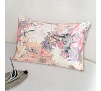 Taie d'oreiller 100% Pure Soie de mûrier Taille Standard avec Fermeture éclair dissimulée imprimée, taie d'oreiller à Motif Floral Naturel pour Cheveux et Peau, Douce et rafraîchissante, Deux côtés