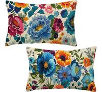 Taie d'oreiller 70x40CM, Housse Coussin bleu Lot de 2, Coussin Exterieur Impermeable, Lin Rectangulaire Housse Coussins pivoine Motif Canape Decoration Impression Recto Verso pour Canape Chambre D6-34