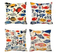 Taie D'oreiller 75 x 75 cm Lot de 4 Lin Housse de Coussin poisson Coussin de Canapé Dessin animé Carré Respirant Taie Oreiller, Housse Oreiller Canapé Impermeable, pour Décoration Maison Moderne t-946