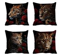Taie d'oreiller 75x75 Lot de 4 Lin Housse Coussin Les Roses Coussins Canapé Le léopard Coussin Decoratif Carré Housse Oreiller, Taies D'oreillers Exterieur Impermeable, pour Décoration Maison t-580