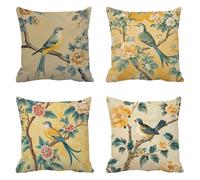 Taie d'oreiller 75x75 Lot de 4 Lin Housse Coussin Oiseaux Coussins Canapé Branches d'arbres Coussin Decoratif Carré Housse Oreiller, Taies D'oreillers Exterieur, pour Décoration Maison t-642