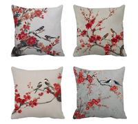 Taie d'oreiller 75x75 Lot de 4 Lin Housse Coussin Oiseaux Coussins Canapé Fleur de Prune Coussin Decoratif Carré Housse Oreiller, Taies D'oreillers Exterieur Impermeable, pour Décoration Maison t-635