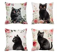 Taie d'oreiller 75x75 Lot de 4 Velours Housse Coussin Le Chat Coussins Canapé Noir Coussin Decoratif Carré Housse Oreiller, Taies D'oreillers Exterieur Impermeable, pour Décoration Maison t-568