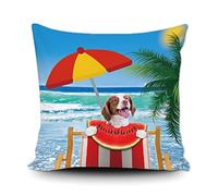 Taie d'oreiller Brittany Spaniel Dog Eating Watermelon by The Sea Happy Summer Beach Palm Tree Housse De Coussin Résistant Housse Oreiller Respirant Protege Oreiller pour Chambre Bureau 45X45CM
