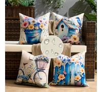 Taie d'oreiller Canapé 40 x 40 cm Housses de Coussin Lin Imperméable Printemps été Fleurs Birdie Bicycle Housse Coussin Extérieur Moderne pour Canapé, Balcon, Terrasse, Patio, Jardin Lot de 4
