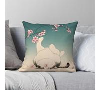 Taie d'oreiller carrée en polyester et lin avec fermeture éclair Motif chat sous cerisier