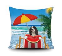 Taie d'oreiller Cavalier King Charles Spaniel Dog Eating Watermelon by The Sea Happy Summer Beach Palm Tree Protege Oreiller Respirant Housse Oreiller Confortable Housse De Coussin pour 45X45CM