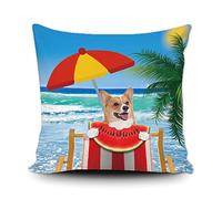 Taie d'oreiller Corgi Dog Eating Watermelon by The Sea Happy Summer Beach Palm Tree Protege Oreiller Décoratives Housse De Coussin Résistant Housse Oreiller pour Salon Jardin Bureau 45X45CM