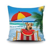 Taie d'oreiller Dog Eating Watermelon by The Sea Happy Summer Beach Palm Tree Housse De Coussin Résistant Housse Oreiller Respirant Protege Oreiller pour Salon Chambre Bureau 45X45CM