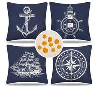 Taie d'oreiller Extérieure Imperméable Lin Housse Coussin Océan Ancres Boussole Gouvernail Decoratif Motifs Taie d'oreiller Bleu Marine Nautique 45 x 45 cm pour Chambre Canapé Jardin Salon Lot de 4