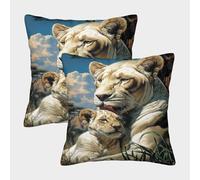 Taie d'oreiller Lionne Blanche léchant Un Lionceau Blanc,décoration D'intérieur,Oreiller De Canapé Imprimée 50x50cm Paquet De 2