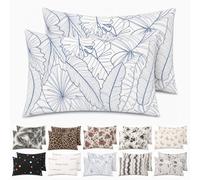 Taie d'oreiller Microfibre Brossée 50x90 cm, Feuilles Bleu Marine | Microfibre brossée au toucher peau de pêche, lot de 2 taies imprimées assorties qui relookent le lit en un geste
