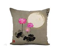Taie d'oreiller Pink Lotus Flowers and The Moon Traditional Japanese Ink Housse De Coussin Résistant Housse Oreiller Respirant Protege Oreiller pour Salon Jardin Chambre 45X45CM