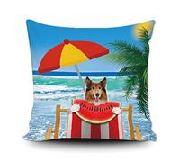 Taie d'oreiller Rough Collie Dog Eating Watermelon by The Sea Happy Summer Beach Palm Tree Protege Oreiller Confortable Housse Oreiller Décoratives Housse De Coussin pour Jardin Bureau 45X45CM