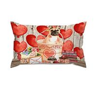 Taie d'oreiller Rustic Wood Texture Dog in Bucket Red Hearts Day Dog Taies D'Oreillers Doux Et Confortable Housse De Coussin Resistant Housse Oreillers pour Linge De Lit Canapé Maison S